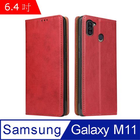 Fierre Shann 真皮紋 Samsung M11 (6.4吋) 錢包支架款 磁吸側掀 手工PU皮套保護殼-紅色
