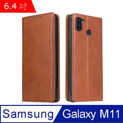 PU Fierre Shann 真皮紋 Samsung M11 (6.4吋) 錢包支架款 磁吸側掀 手工皮套保護殼-棕色