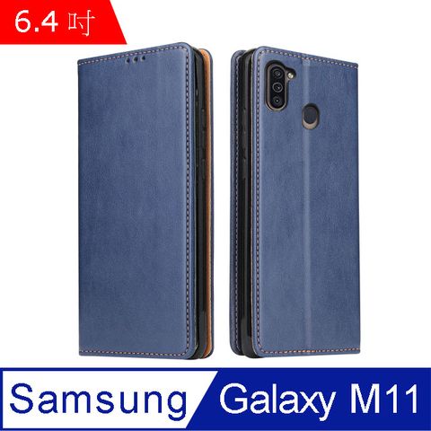 Fierre Shann 真皮紋 Samsung M11 (6.4吋) 錢包支架款 磁吸側掀 手工PU皮套保護殼-藍色