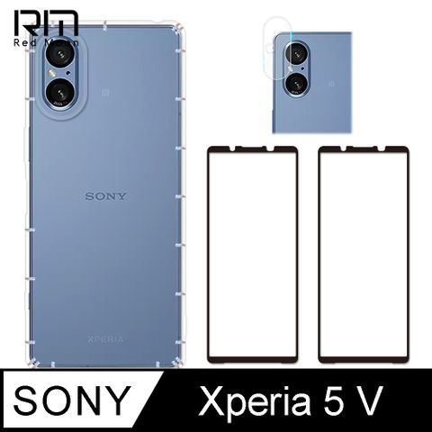 RedMoon SONY Xperia 5 V 手機殼貼4件組 空壓殼-9H玻璃保貼2入+厚版鏡頭貼