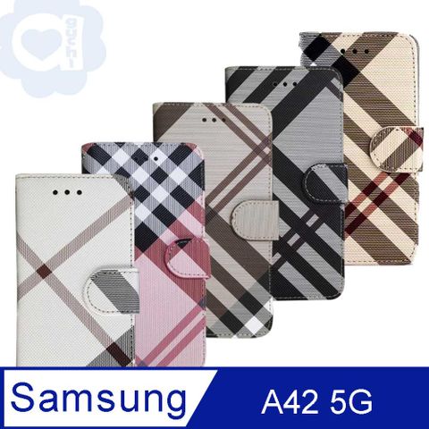 Aguchi 亞古奇 Samsung Galaxy A42 5G 英倫格紋氣質手機皮套 側掀磁扣高度防護 獨家限量發行
