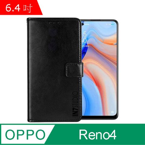 IN7 瘋馬紋 OPPO Reno4 (6.4 吋) 錢包式 磁扣側掀皮套 吊飾孔 手機皮套保護殼-黑色