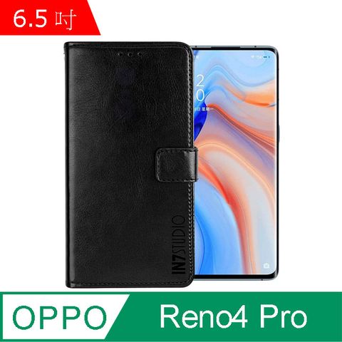 IN7 瘋馬紋 OPPO Reno4 Pro (6.5 吋) 錢包式 磁扣側掀皮套 吊飾孔 手機皮套保護殼-黑色