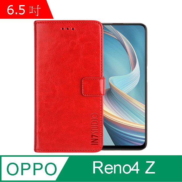 IN7 瘋馬紋 OPPO Reno4 Z (6.5吋) 錢包式 磁扣側掀皮套 吊飾孔 手機皮套保護殼-紅色