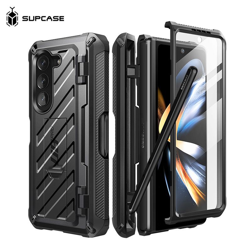  SUPCASE Galaxy Z Fold 5-抗震防摔支架保護殼-黑 含S Pen 筆槽 螢幕防護膜 夾扣套