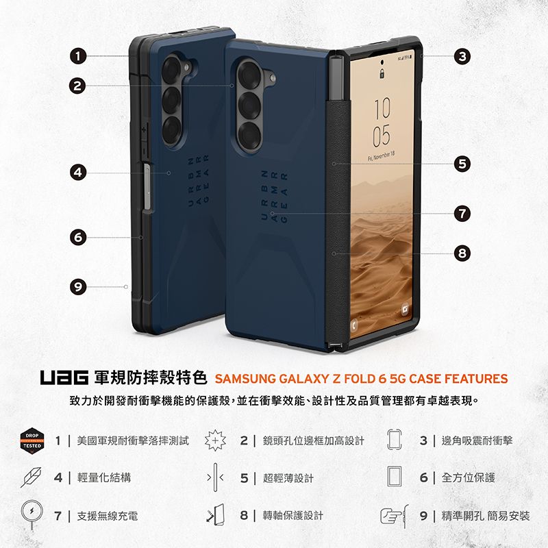 110053 45RRE768  SAMSUNG GALAXY Z FOLD 6 5G CASE FEATURES致力於開發耐衝擊機能的保護殼,並在衝擊效能、設計性及品質管理都有卓越表現。3 邊角吸震耐衝擊6| 全方位保護TESTED1| 美國軍規耐衝擊落摔測試 2 鏡頭孔位邊框加高設計5| 超輕薄設計8| 轉軸保護設計 9|精準開孔 簡易安裝4| 輕量化結構7 支援無線充電