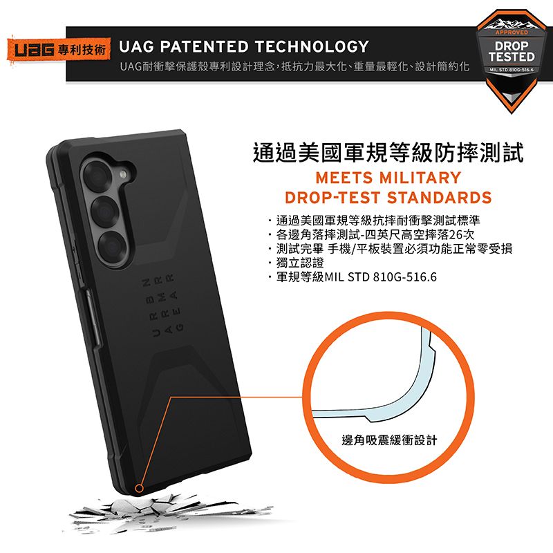 UAG PATENTED TECHNOLOGYUAG耐衝擊保護殼專利設計理念,抵抗力最大化、重量最輕化、設計簡約化APPROVEDDROPTESTEDMIL-516通過美國軍規等級防摔測試MEETS MILITARYDROP-TEST STANDARDS通過美國軍規等級抗摔耐衝擊測試標準各邊角落摔測試-四英尺高空摔落26次測試完畢 手機/平板裝置必須功能正常零受損獨立認證軍規等級MIL STD 810G-516.6邊角吸震緩衝設計