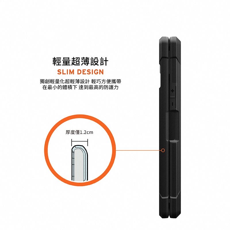 輕量超薄設計SLIM DESIGN獨創輕量化超輕薄設計輕巧方便攜帶在最小的體積下達到最高的防護力厚度僅1.2cm