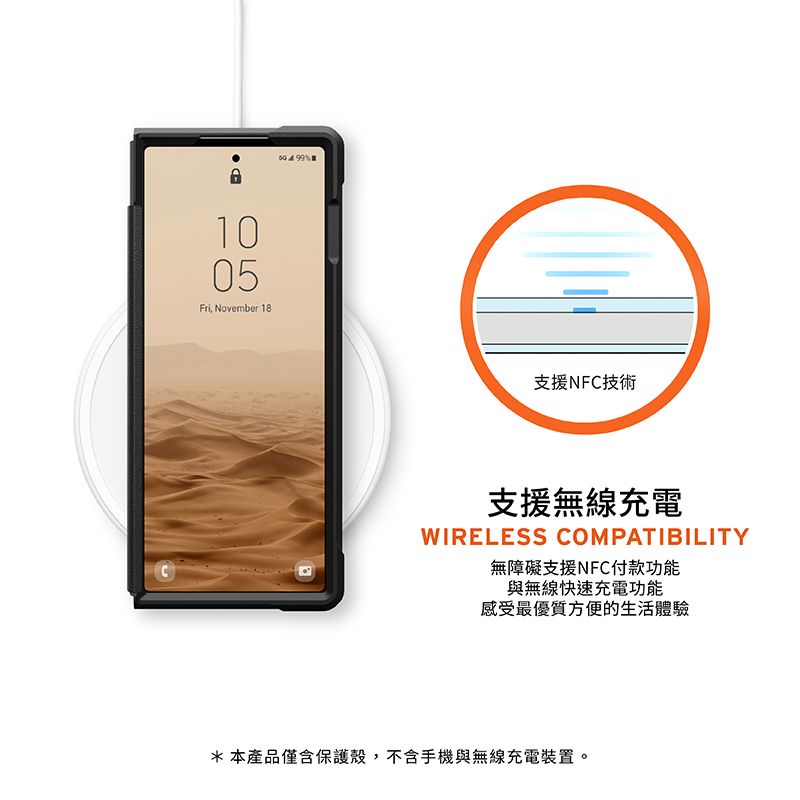 1005Fri, November 18支援NF技術C支援無線充電WIRELESS COMPATIBILITY無障礙支援NFC付款功能與無線快速充電功能感受最優質方便的生活體驗*本產品僅含保護殼,不含手機與無線充電裝置。