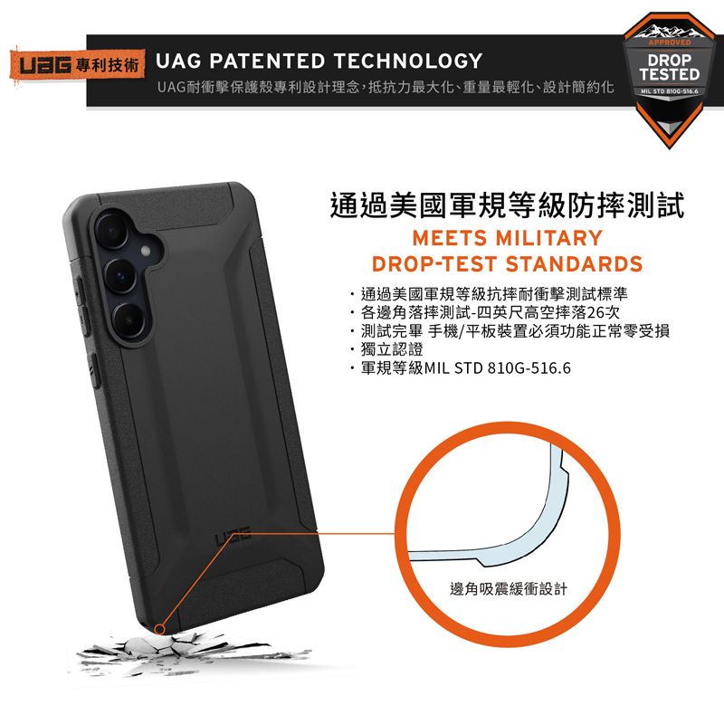 UAG PATENTED TECHNOLOGYUAG耐衝擊保護殼專利設計理念,抵抗力最大化、重量最輕化、設計簡約化APPROVEDDROPTESTEDMIL STD 5166通過美國軍規等級防摔測試MEETS MILITARYDROP-TEST STANDARDS通過美國軍規等級抗摔耐衝擊測試標準各邊角落摔測試-四英尺高空摔落26次測試完畢 手機/平板裝置必須功能正常零受損獨立認證.軍規等級MIL STD 810G-516.6邊角吸震緩衝設計