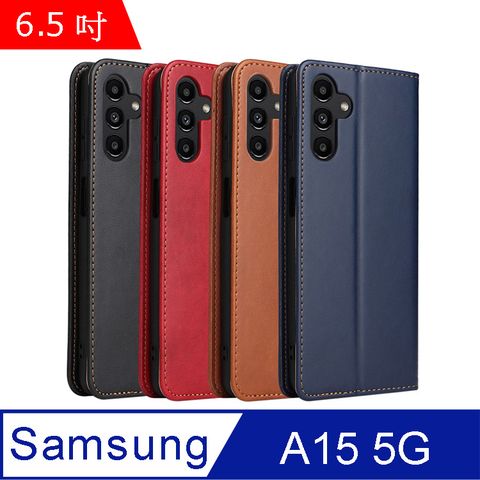 Fierre Shann 真皮紋 Samsung A15 5G (6.5吋) 錢包支架款 磁吸側掀 手工PU皮套保護殼