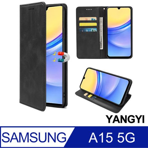 YANG YI 揚邑 Samsung Galaxy A15 5G 磁吸皮革支架手機殼牛皮紋卡夾側掀皮套插卡防摔保護套