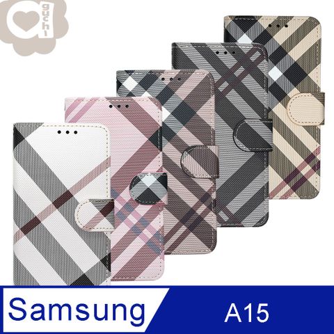 Aguchi 亞古奇 Samsung Galaxy A15 5G (精品版) 英倫格紋氣質手機皮套 側掀磁扣高度防護 獨家限量發行