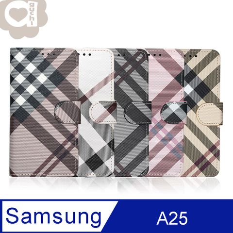 Aguchi 亞古奇 Samsung Galaxy A25 5G (精品版) 英倫格紋氣質手機皮套 側掀磁扣高度防護 獨家限量發行