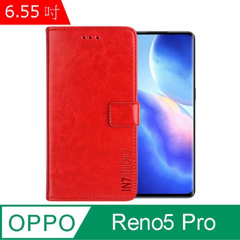 IN7 瘋馬紋 OPPO Reno5 Pro 5G (6.55吋) 錢包式 磁扣側掀皮套 吊飾孔 手機皮套保護殼-紅色