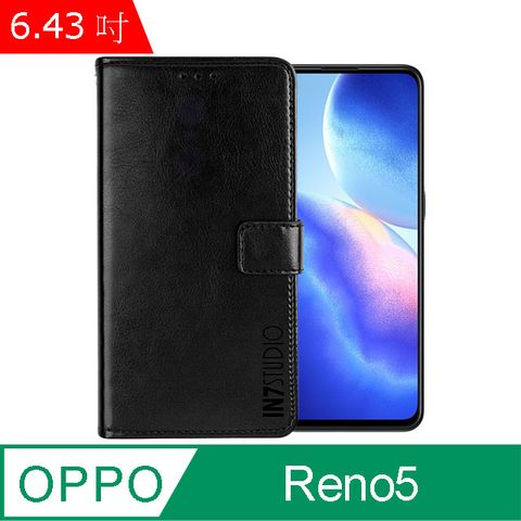 IN7 瘋馬紋 OPPO Reno5 5G (6.43吋) 錢包式 磁扣側掀PU皮套 吊飾孔 手機皮套保護殼-黑色