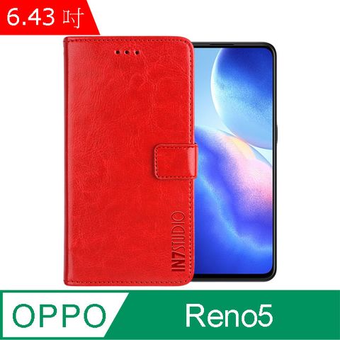 IN7 瘋馬紋 OPPO Reno5 5G (6.43吋) 錢包式 磁扣側掀皮套 吊飾孔 手機皮套保護殼-紅色