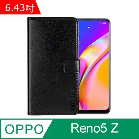 PU IN7 瘋馬紋 OPPO Reno 5Z (6.43吋) 錢包式 磁扣側掀皮套 吊飾孔 手機皮套保護殼-黑色