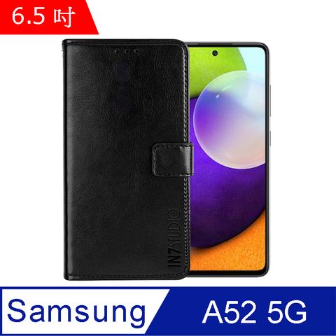 IN7 瘋馬紋 Samsung Galaxy A52 5G (6.5吋) 錢包式 磁扣側掀PU皮套 吊飾孔 手機皮套保護殼-黑色