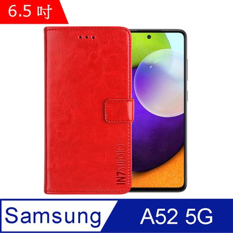 IN7 瘋馬紋 Samsung Galaxy A52 5G (6.5吋) 錢包式 磁扣側掀PU皮套 吊飾孔 手機皮套保護殼-紅色
