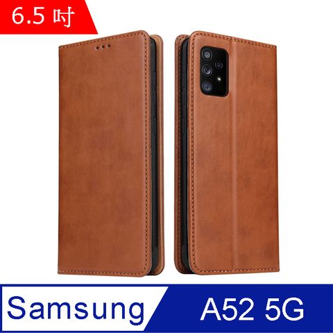 Fierre Shann 真皮紋 Samsung A52s/A52 5G (6.5吋) 錢包支架款 磁吸側掀 手工PU皮套保護殼-棕色
