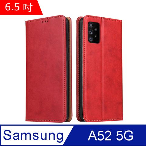 Fierre Shann 真皮紋 Samsung A52s/A52 5G (6.5吋) 錢包支架款 磁吸側掀 手工PU皮套保護殼-紅色