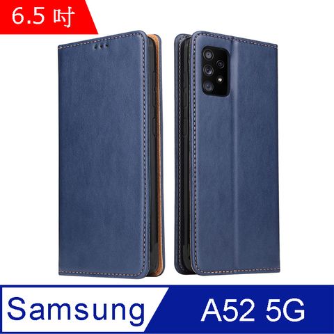 Fierre Shann 真皮紋 Samsung A52s/A52 5G (6.5吋) 錢包支架款 磁吸側掀 手工PU皮套保護殼-藍色
