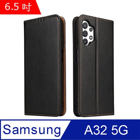 Fierre Shann 真皮紋 Samsung A32 5G (6.5吋) 錢包支架款 磁吸側掀 手工PU皮套保護殼-黑色