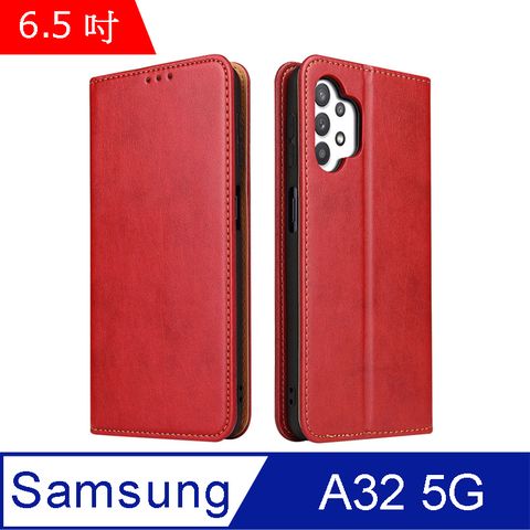 Fierre Shann 真皮紋 Samsung A32 5G (6.5吋) 錢包支架款 磁吸側掀 手工PU皮套保護殼-紅色