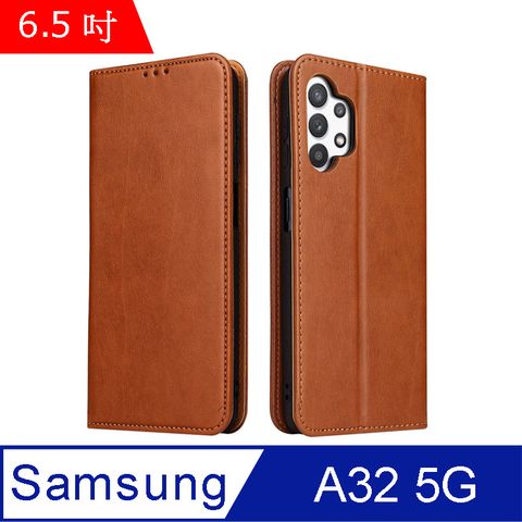 Fierre Shann 真皮紋 Samsung A32 5G (6.5吋) 錢包支架款 磁吸側掀 手工PU皮套保護殼-棕色