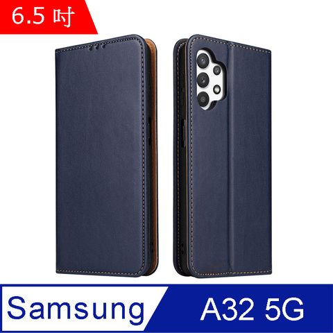 Fierre Shann 真皮紋 Samsung A32 5G (6.5吋) 錢包支架款 磁吸側掀 手工PU皮套保護殼-藍色