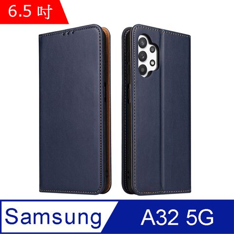 PU Fierre Shann 真皮紋 Samsung A32 5G (6.5吋) 錢包支架款 磁吸側掀 手工皮套保護殼-藍色