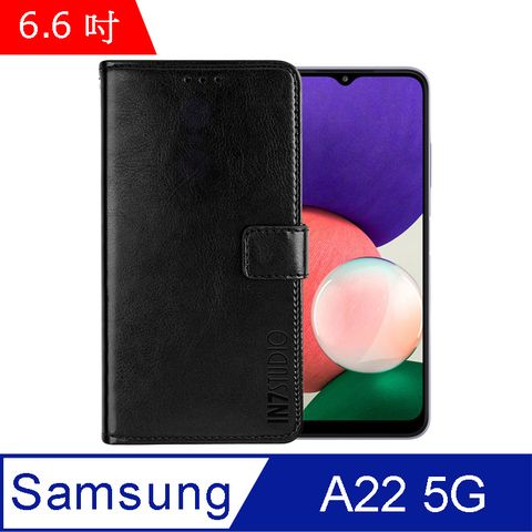 IN7 瘋馬紋 Samsung Galaxy A22 5G (6.6吋) 錢包式 磁扣側掀PU皮套 吊飾孔 手機皮套保護殼-黑色