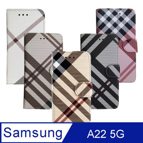 Aguchi 亞古奇 Samsung Galaxy A22 5G 英倫格紋氣質手機皮套 側掀磁扣高度防護 獨家限量發行