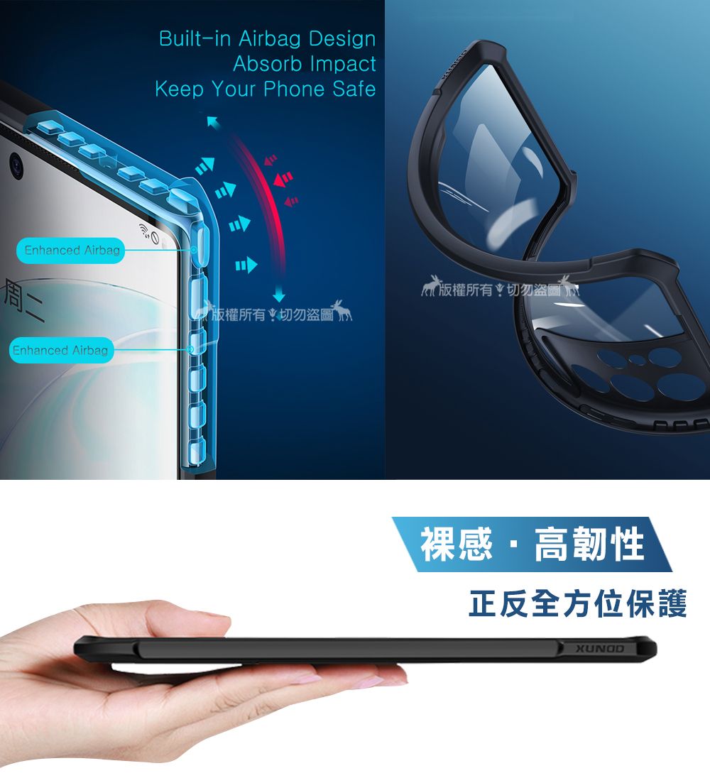 Built-in Airbag DesignAbsorb ImpactKeep Your Phone SafeEnhanced Airbag版權所有切勿盜圖周二版權所有切勿盜圖Enhanced Airbag裸感高韌性正反全方位保護XUNOD