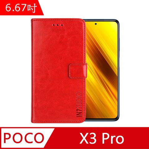 IN7 瘋馬紋 POCO X3 Pro (6.67吋) 錢包式 磁扣側掀PU皮套 吊飾孔 手機皮套保護殼-紅色