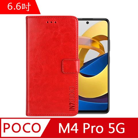 IN7 瘋馬紋 POCO M4 Pro 5G (6.6吋) 錢包式 磁扣側掀PU皮套 吊飾孔 手機皮套保護殼-紅色