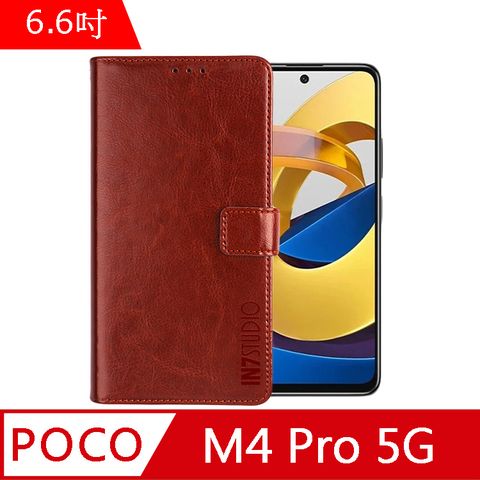 IN7 瘋馬紋 POCO M4 Pro 5G (6.6吋) 錢包式 磁扣側掀PU皮套 吊飾孔 手機皮套保護殼-棕色