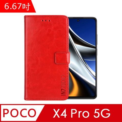 PU IN7 瘋馬紋 POCO X4 Pro 5G (6.67吋) 錢包式 磁扣側掀皮套 吊飾孔 手機皮套保護殼-紅色