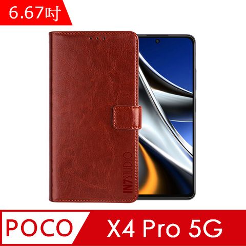 PU IN7 瘋馬紋 POCO X4 Pro 5G (6.67吋) 錢包式 磁扣側掀皮套 吊飾孔 手機皮套保護殼-棕色