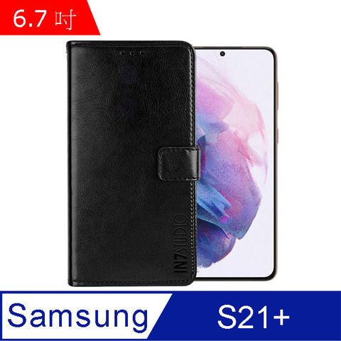 PU IN7 瘋馬紋 Samsung S21+ (6.7吋) 錢包式 磁扣側掀皮套 吊飾孔 手機皮套保護殼-黑色