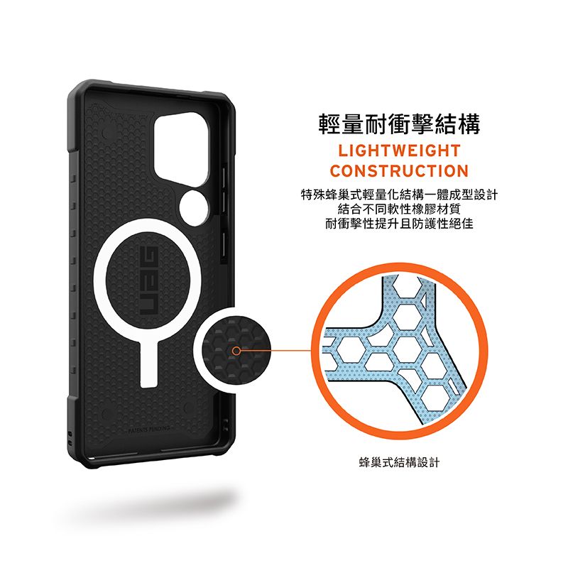 輕量耐衝擊結構LIGHTWEIGHTCONSTRUCTION特殊蜂巢式輕量化結構成型設計結合不同軟性橡膠材質耐衝擊性提升且防護性絕佳蜂巢式結構設計
