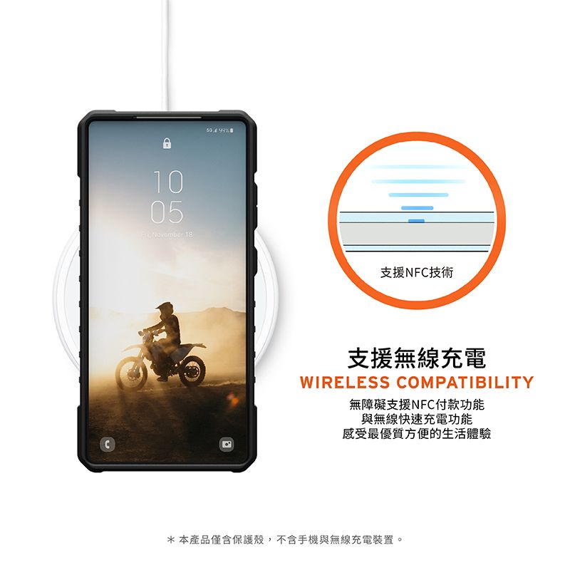 1005  支援NFC技術支援無線充電WIRELESS COMPATIBILITY無障礙支援NFC付款功能與無線快速充電功能感受最優質方便的生活體驗*本產品僅含保護殼,不含手機與無線充電裝置。