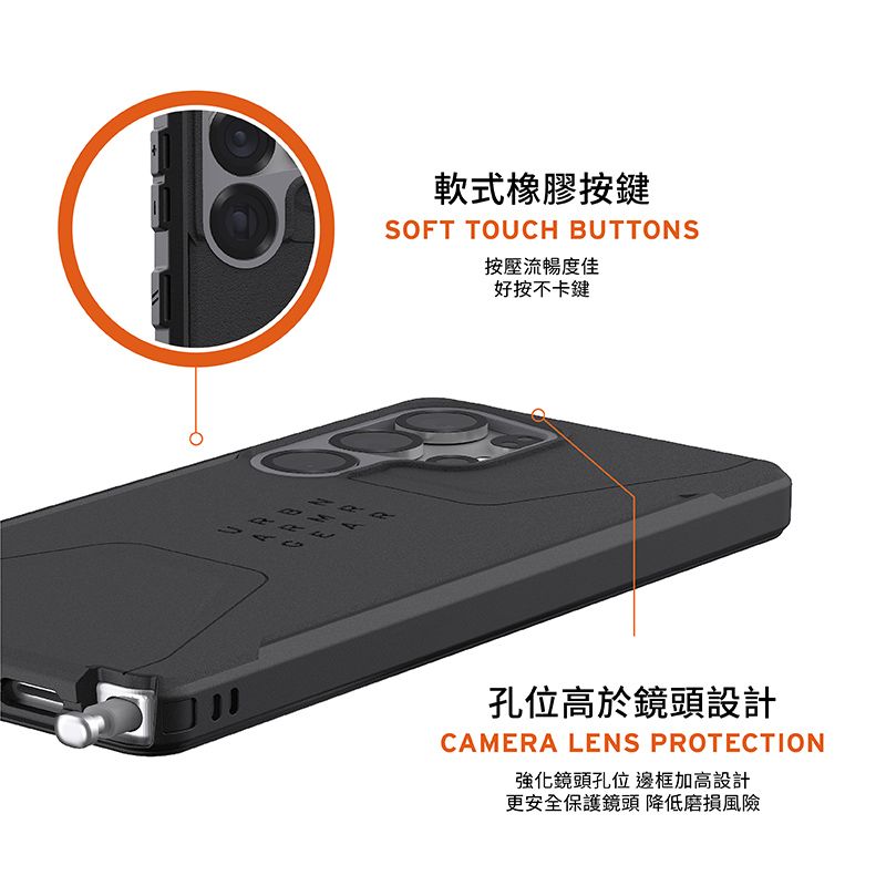 軟式橡膠按鍵SOFT TOUCH BUTTONS按壓流暢度佳好按不卡鍵孔位高於鏡頭設計CAMERA LENS PROTECTION強化鏡頭孔位 邊框加高設計更安全保護鏡頭 降低磨損風險