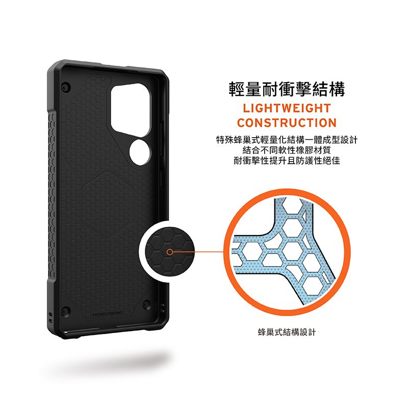 輕量耐衝擊結構LIGHTWEIGHTCONSTRUCTION特殊蜂巢式輕量化結構成型設計結合不同軟性橡膠材質耐衝擊性提升且防護性絕佳蜂巢式結構設計