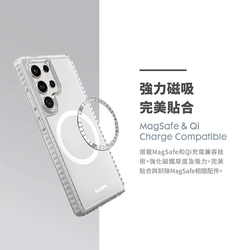 強力磁吸完美合Magsafe & QiCharge Compatible搭載MagSafe和Qi充電兼容技術,強化磁鐵厚度及吸力,完美貼合與卸除MagSafe相關配件。