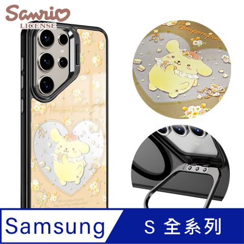 三麗鷗 Samsung S全系列 軍規防摔合金框隱形立架鏡面磁吸手機殼-捧花布丁狗-黑框