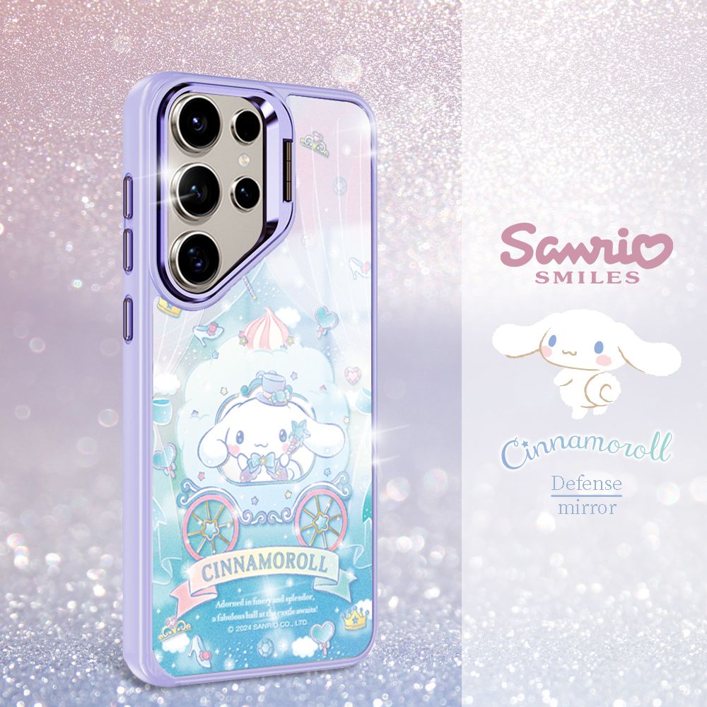 APBS 三麗鷗 Samsung S25/S24/S23系列 軍規防摔合金框隱形立架鏡面磁吸手機殼-馬車大耳狗-紫框