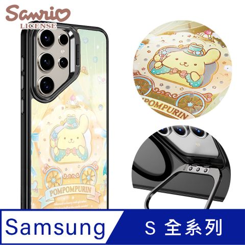 APBS 三麗鷗 Samsung S25/S24/S23系列 軍規防摔合金框隱形立架鏡面磁吸手機殼-馬車布丁狗-黑框