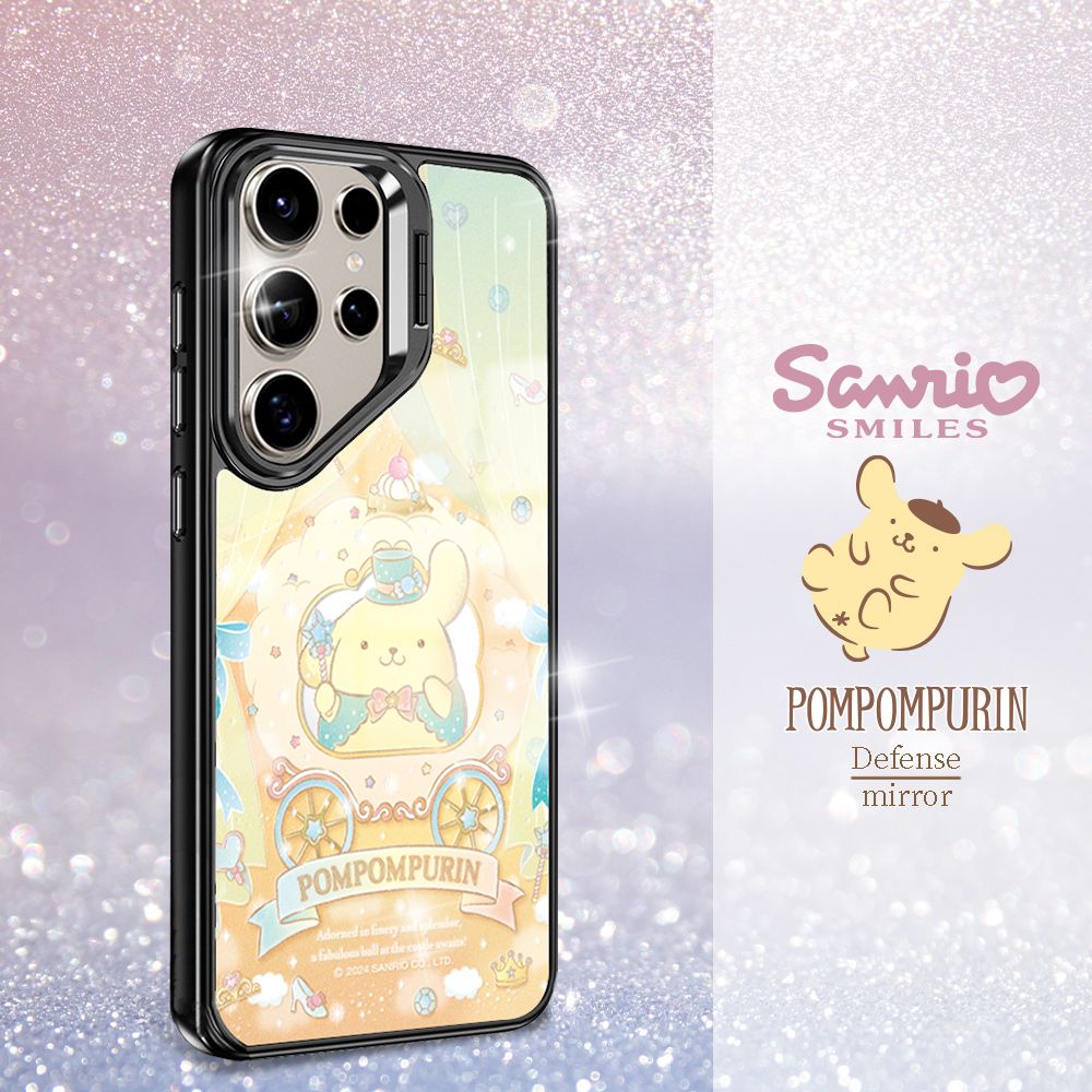 APBS 三麗鷗 Samsung S25/S24/S23系列 軍規防摔合金框隱形立架鏡面磁吸手機殼-馬車布丁狗-黑框